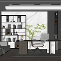 Elegant Modern Home Office Interior With Marble Desk Open Bookshelf And Cozy Sofa