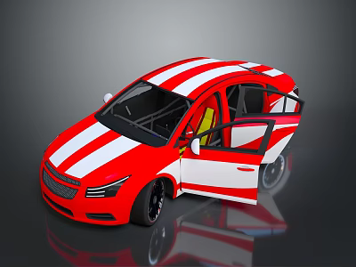 Sporty Red Car With White Stripes And Open Doors Showcasing Interior 3d model
