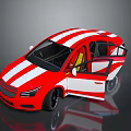 Sporty Red Car With White Stripes And Open Doors Showcasing Interior