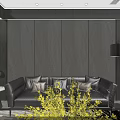 Modern Dining and Living Room Interior With Large Windows Hanging Lights Sofa And Dining Table