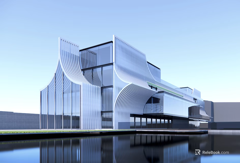 Modern Building With Glass Curtain Wall And Curved Design By Waterfront With Reflection 3d model 