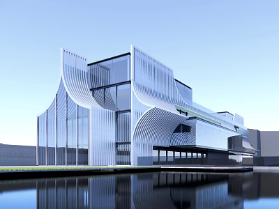 Modern Building With Glass Curtain Wall And Curved Design By Waterfront With Reflection 3d model