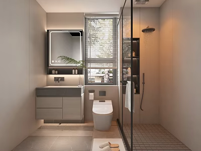 Modern Bathroom Interior With Vanity Mirror Toilet Glass Shower And Blinds 3d model