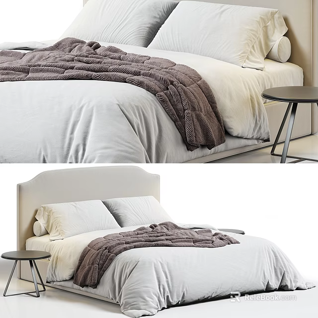 Modern Double Bed With White Linen Sheets Brown Blanket And Minimalist Side Table 3d model 