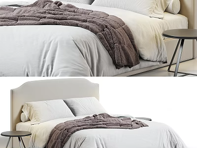 Modern Double Bed With White Linen Sheets Brown Blanket And Minimalist Side Table 3d model
