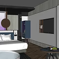 Modern Hotel Guest Room With Comfortable Bed Wall Mounted TV Bathtub And Wooden Flooring