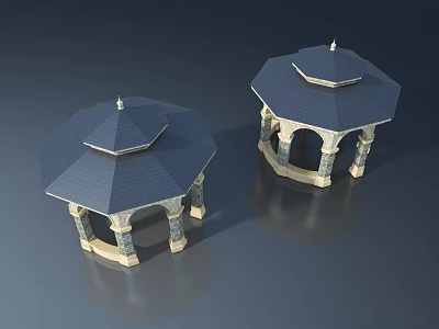 Durable Exterior Swing Doors For Garden Gazebo With Blue Roof And Stone Pillars 3d model
