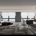 Modern Office Interior Design With Desk Chair Sofa Large Windows Geometric Carpet Artwork 3d model