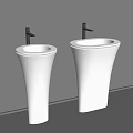 Two White Pedestal Washbasins With Black Faucets On Grey Background