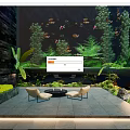 Tropical Garden Landscape With Large Aquarium Colorful Fish Green Plants And Paved Seating Area