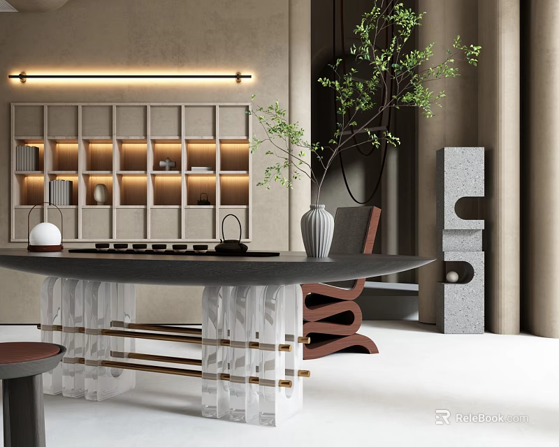 Modern Tea Room Interior With Transparent Table Decorative Shelves And Plants 3d model