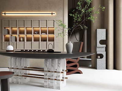 Modern Tea Room Interior With Transparent Table Decorative Shelves And Plants 3d model