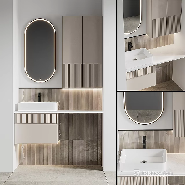 Modern Washbasin Interior Design With Oval Backlit Mirror And Wooden Cabinetry 3d model 