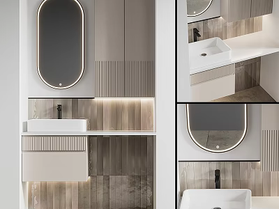 Modern Washbasin Interior Design With Oval Backlit Mirror And Wooden Cabinetry 3d model