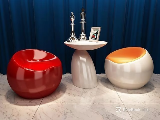 Round Red and White Orange Cushioned Casual Sofa Set with Small Table and Blue Curtains 3d model