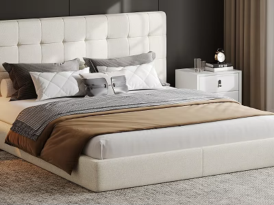 Modern Bedroom With White Tufted Headboard Gray White Pillows Brown Blanket Nightstand Lamp And Books 3d model
