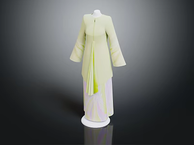 Traditional Light Green Robe With Long Sleeves And Purple Skirt On Mannequin 3d model