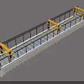 Industrial Factory Building Structure With Elongated Continuous Platform Yellow Machinery And Safety Railing