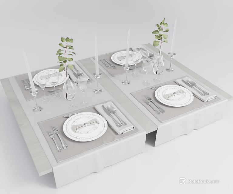 Elegant Tableware Set for Dining Table with Plates Cutlery Glassware Candles and Greenery 3d model