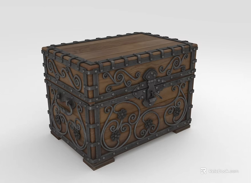 Vintage Wooden Chest With Ornate Metal Carvings And Riveted Edges 3d model 
