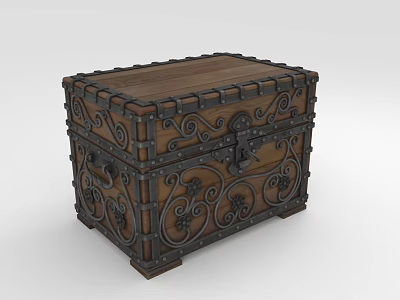 Vintage Wooden Chest With Ornate Metal Carvings And Riveted Edges 3d model