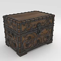 Vintage Wooden Chest With Ornate Metal Carvings And Riveted Edges