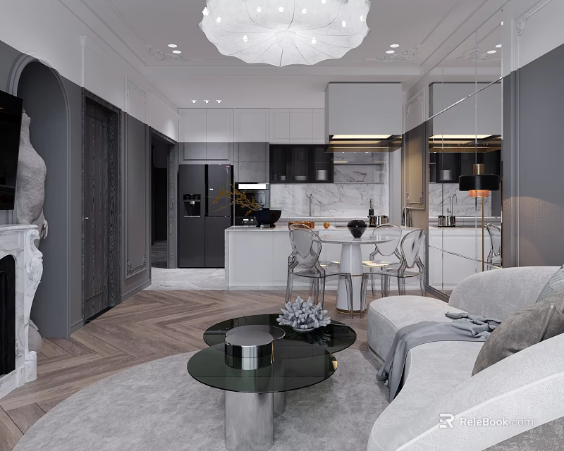 Modern Living And Dining Area With Sofa Coffee Table Chandelier And Wooden Floor 3d model 