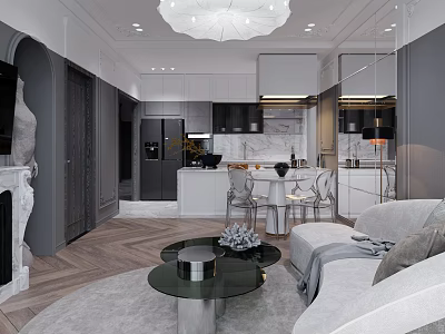Modern Living And Dining Area With Sofa Coffee Table Chandelier And Wooden Floor 3d model