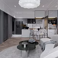 Modern Living And Dining Area With Sofa Coffee Table Chandelier And Wooden Floor