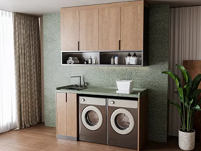 Laundry Room Setup With Double Washers Wooden Cabinets And Green Countertop 3d model