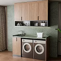Laundry Room Setup With Double Washers Wooden Cabinets And Green Countertop