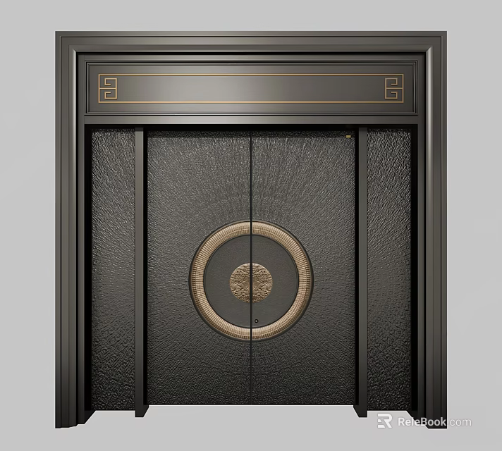 Double Door Design With Black Textured Surface Circular Ornament And Top Square Motifs 3d model 