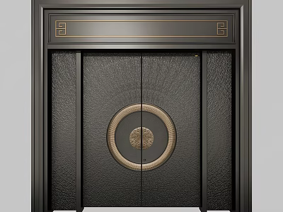 Double Door Design With Black Textured Surface Circular Ornament And Top Square Motifs 3d model