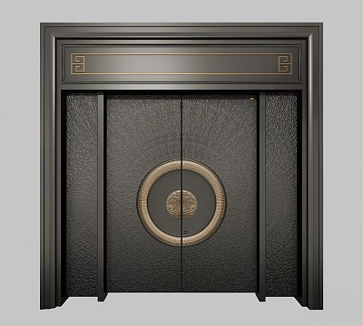 Double Door Design With Black Textured Surface Circular Ornament And Top Square Motifs 3d model