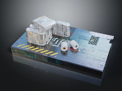 Display Platform With Transparent Wrapped Cubes Scrolls Warning Stripes And Blueprints 3d model