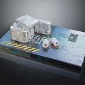 Display Platform With Transparent Wrapped Cubes Scrolls Warning Stripes And Blueprints
