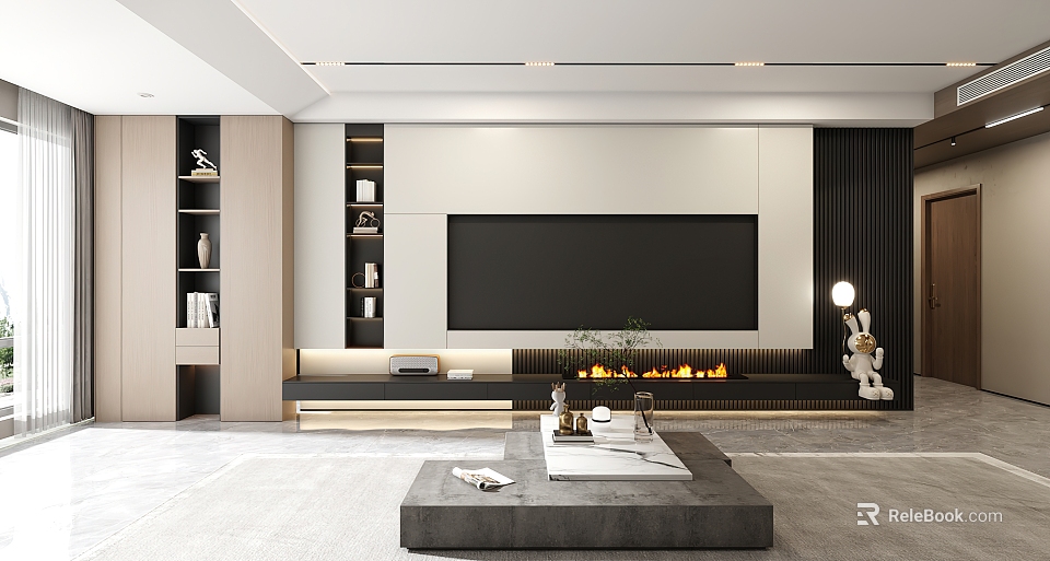 Elegant Modern Living Room Interior With Marble TV Wall Fireplace Gray Coffee Table And Bookshelf 3d model 