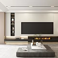 Elegant Modern Living Room Interior With Marble TV Wall Fireplace Gray Coffee Table And Bookshelf