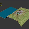 Green Grass Lawn With Small House Model And Adjacent Blue Patch 3d model
