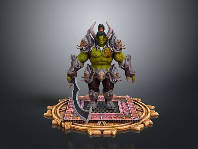 Armored Orc Warrior Character With Curved Blade On Decorative Totem Platform 3d model