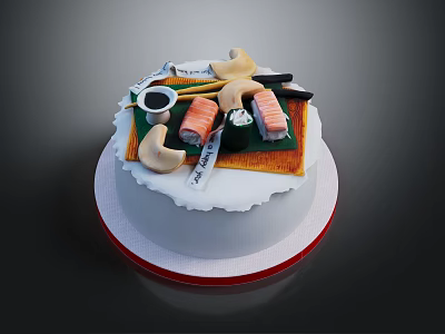 Creative Sushi Themed Cake Topped With Sushi Rolls Soy Sauce And Chopsticks 3d model