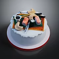 Creative Sushi Themed Cake Topped With Sushi Rolls Soy Sauce And Chopsticks