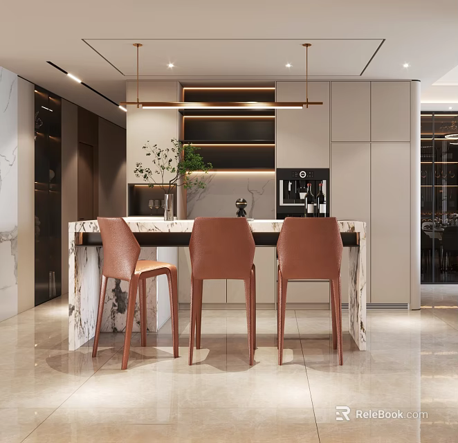 Modern Restaurant Interior With Open Concept Marble Counter And Brown Bar Stools 3d model
