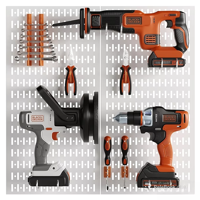 Commercial Equipment Tools On Wall Tool Rack Featuring Drill Pliers And Wrenches 3d model 