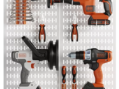 Commercial Equipment Tools On Wall Tool Rack Featuring Drill Pliers And Wrenches 3d model