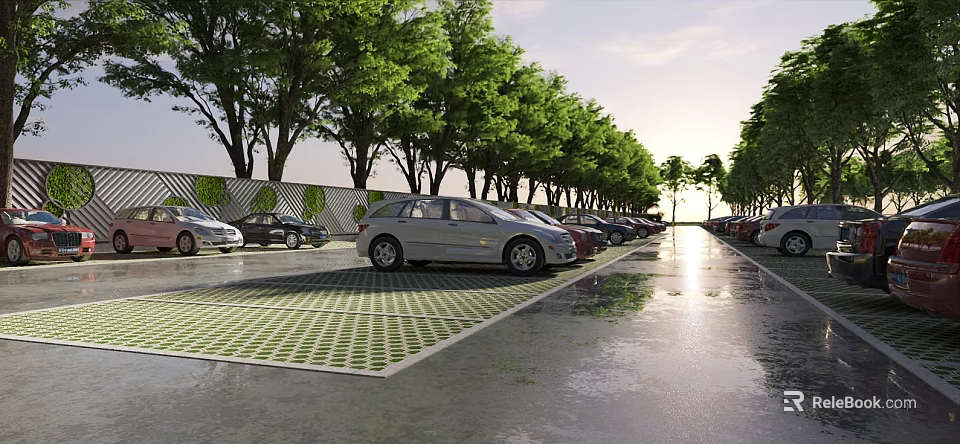 Eco Friendly Parking Lot With Green Trees Parked Cars And Grid Patterned Ground 3d model 