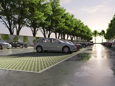 Eco Friendly Parking Lot With Green Trees Parked Cars And Grid Patterned Ground 3d model