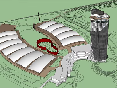 Modern Architectural Complex With Curved Roofs Red Circular Structure And Tall Tower 3d model