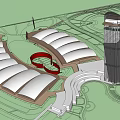 Modern Architectural Complex With Curved Roofs Red Circular Structure And Tall Tower