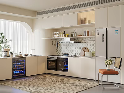 Modern Kitchen Interior With White Cabinets Built in Oven Blue Light Wine Cooler Refrigerator And Area Rug 3d model